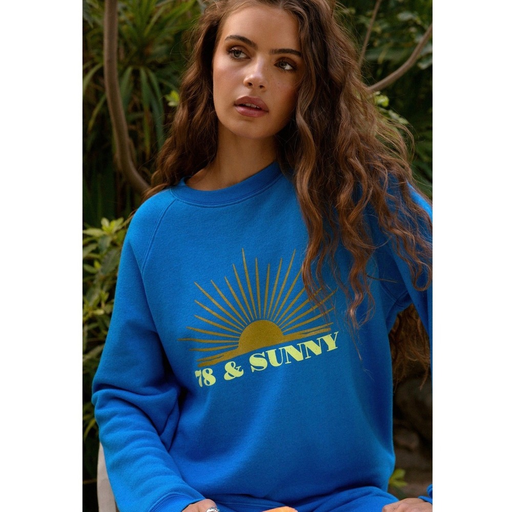 78 & Sunny Sweatshirt Women M Blue Graphic Sun Logo Raglan Cotton Modal Pullover